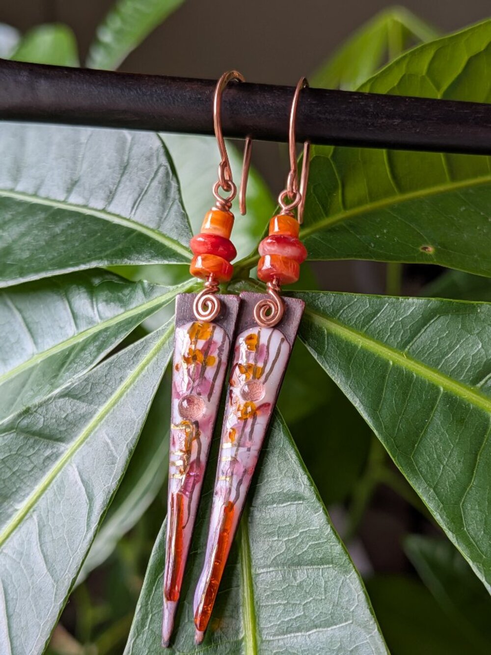Distinctive and Elegant Copper Dagger Earrings with Orange Spiny Oyster Accents